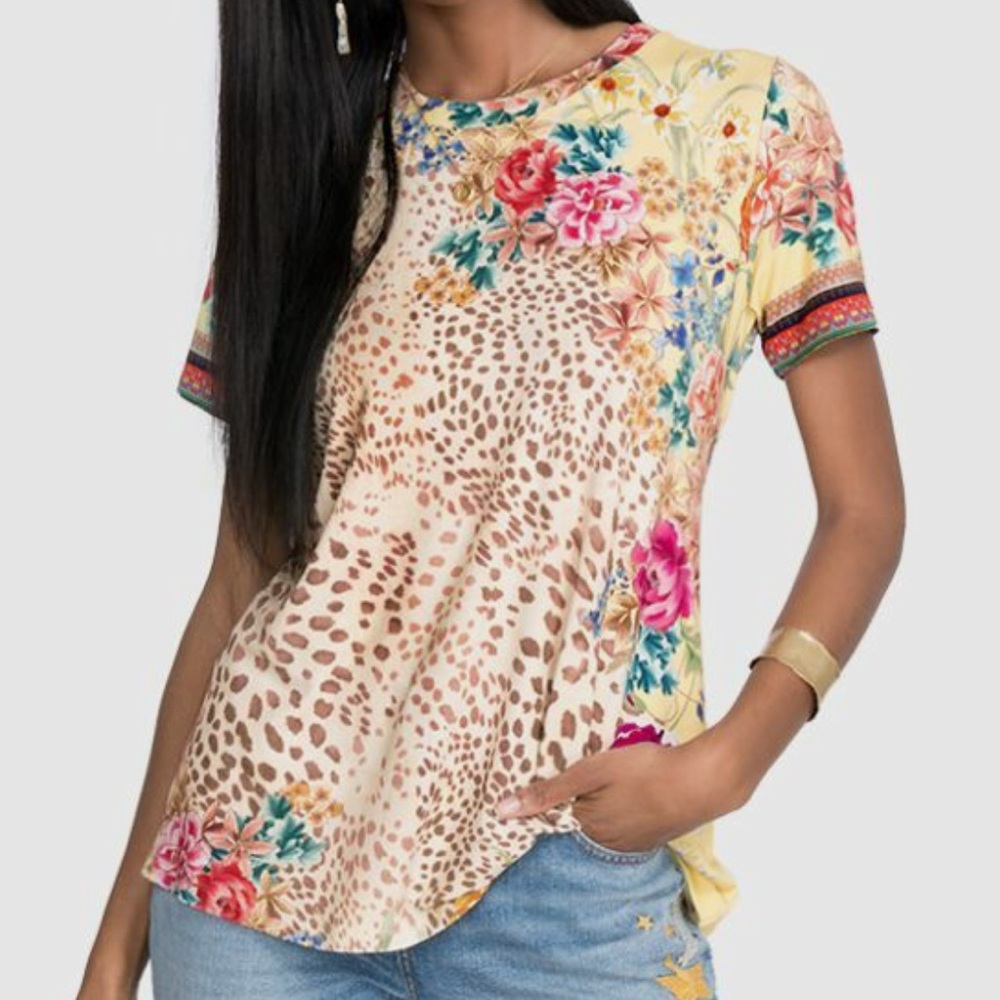Johnny Was Wildflower Leopard Print Tee Boho Casual Quiet Luxury Size XS